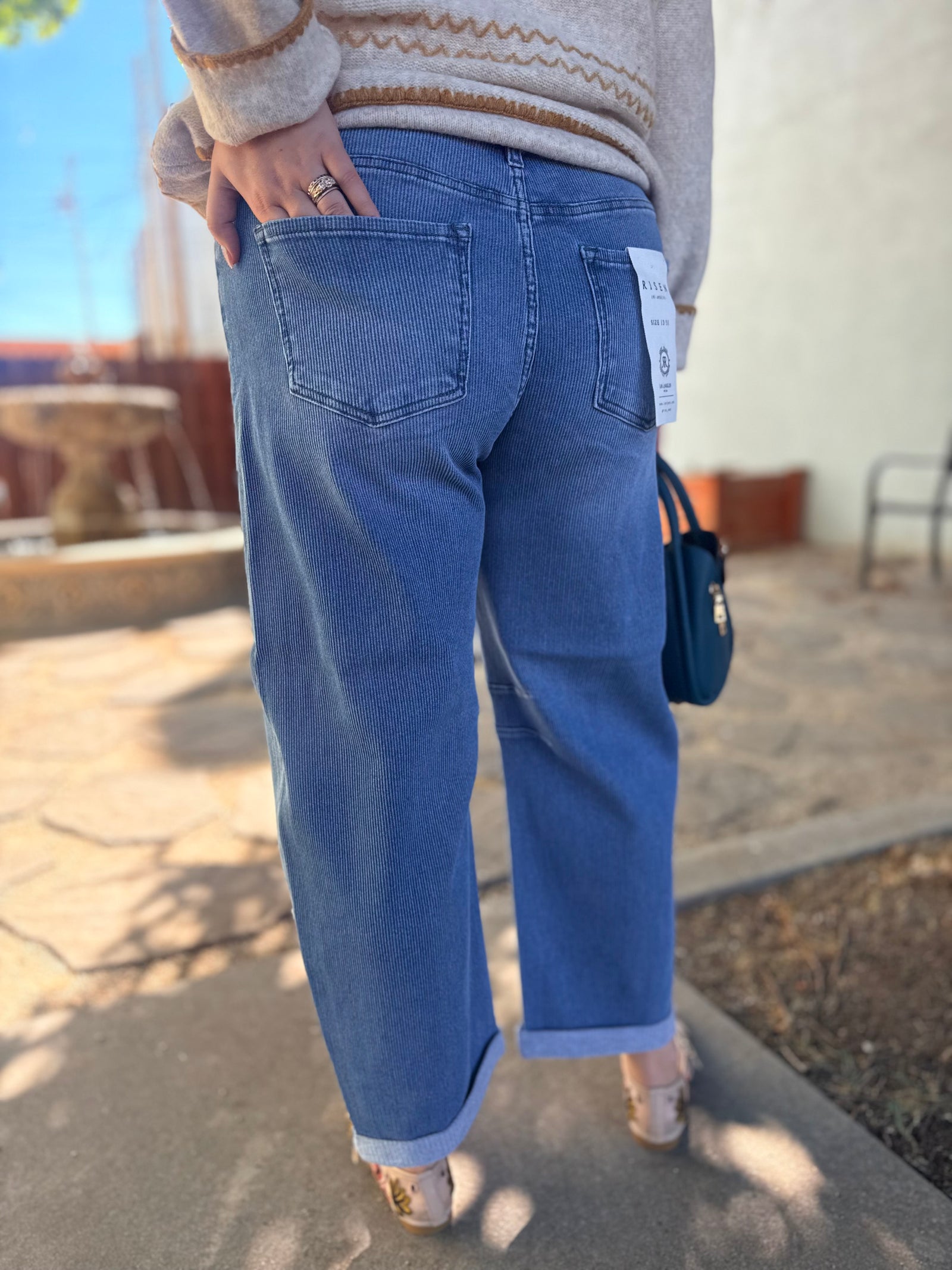 Risen Medium Wash Striped Textured Slouchy Barrel Jeans