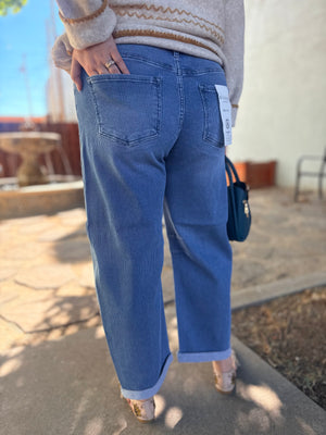 Risen Medium Wash Striped Textured Slouchy Barrel Jeans