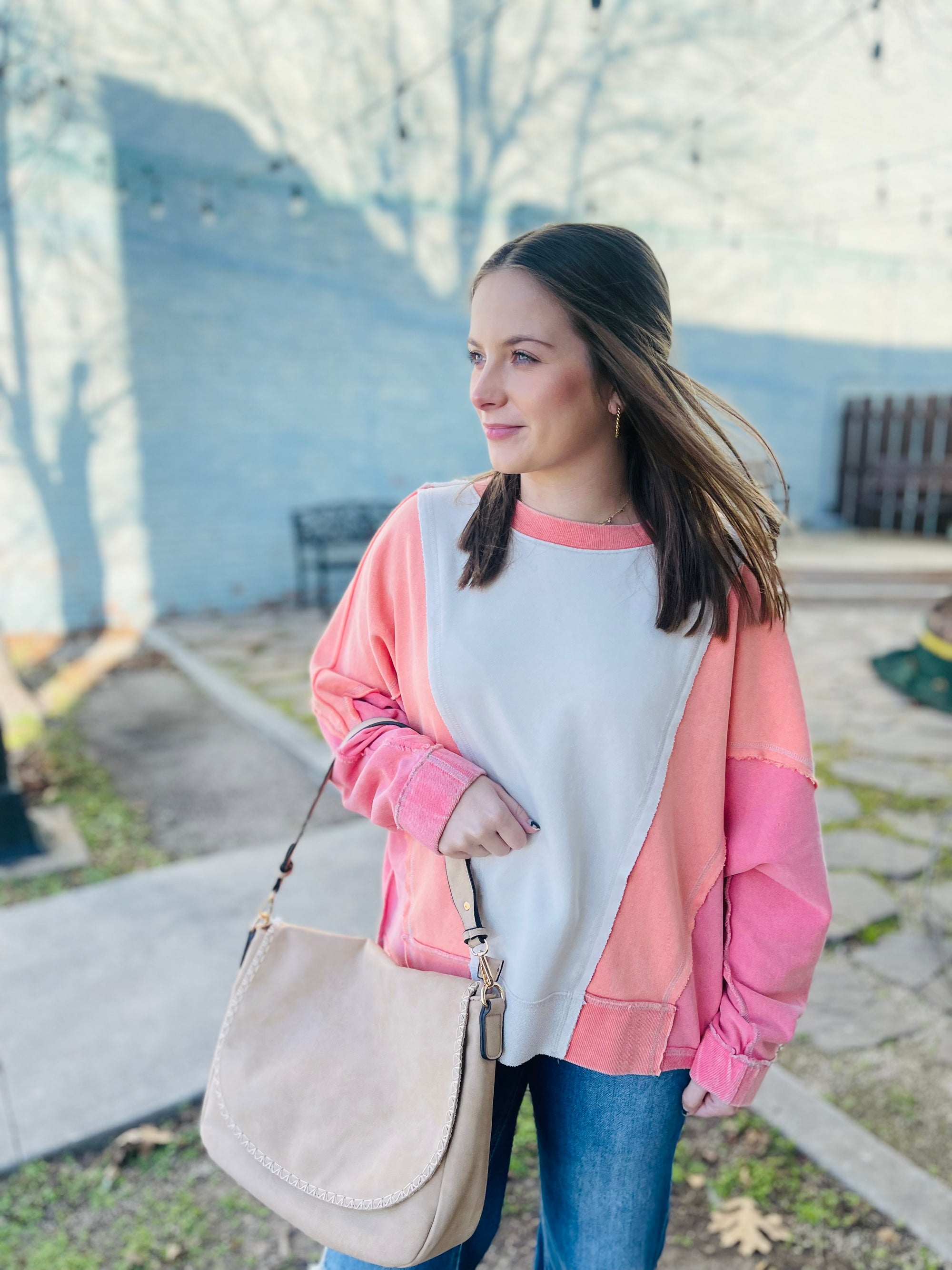 Coral Mineral Wash Color Block Pullover Sweatshirt