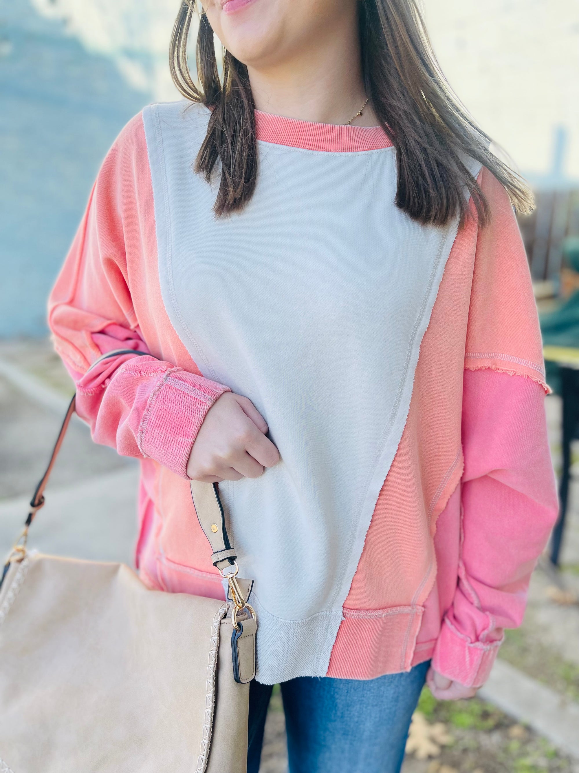 Coral Mineral Wash Color Block Pullover Sweatshirt