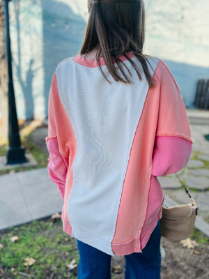 Coral Mineral Wash Color Block Pullover Sweatshirt