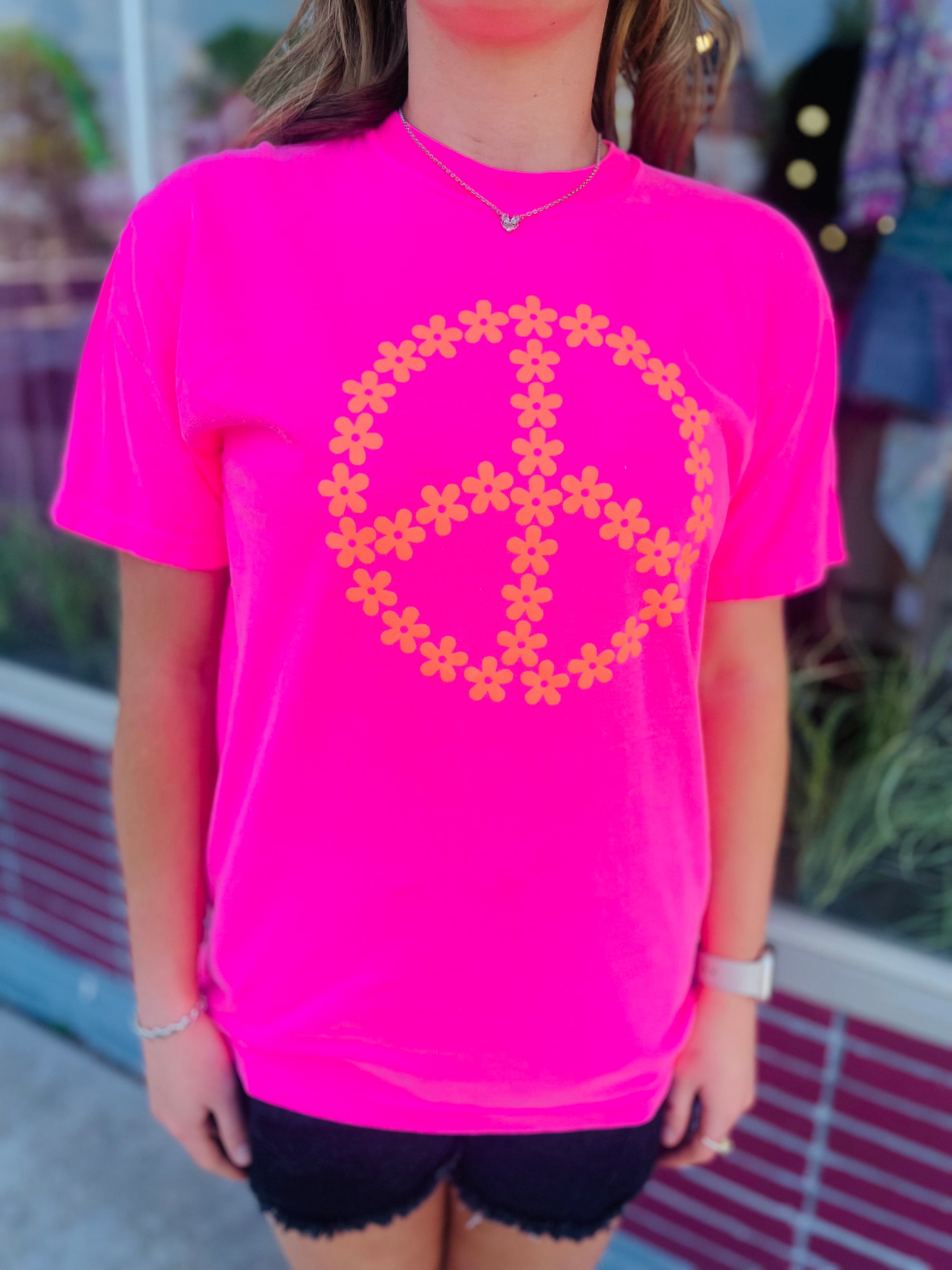 Neon Pink Flower Peace Sign Puff Tee