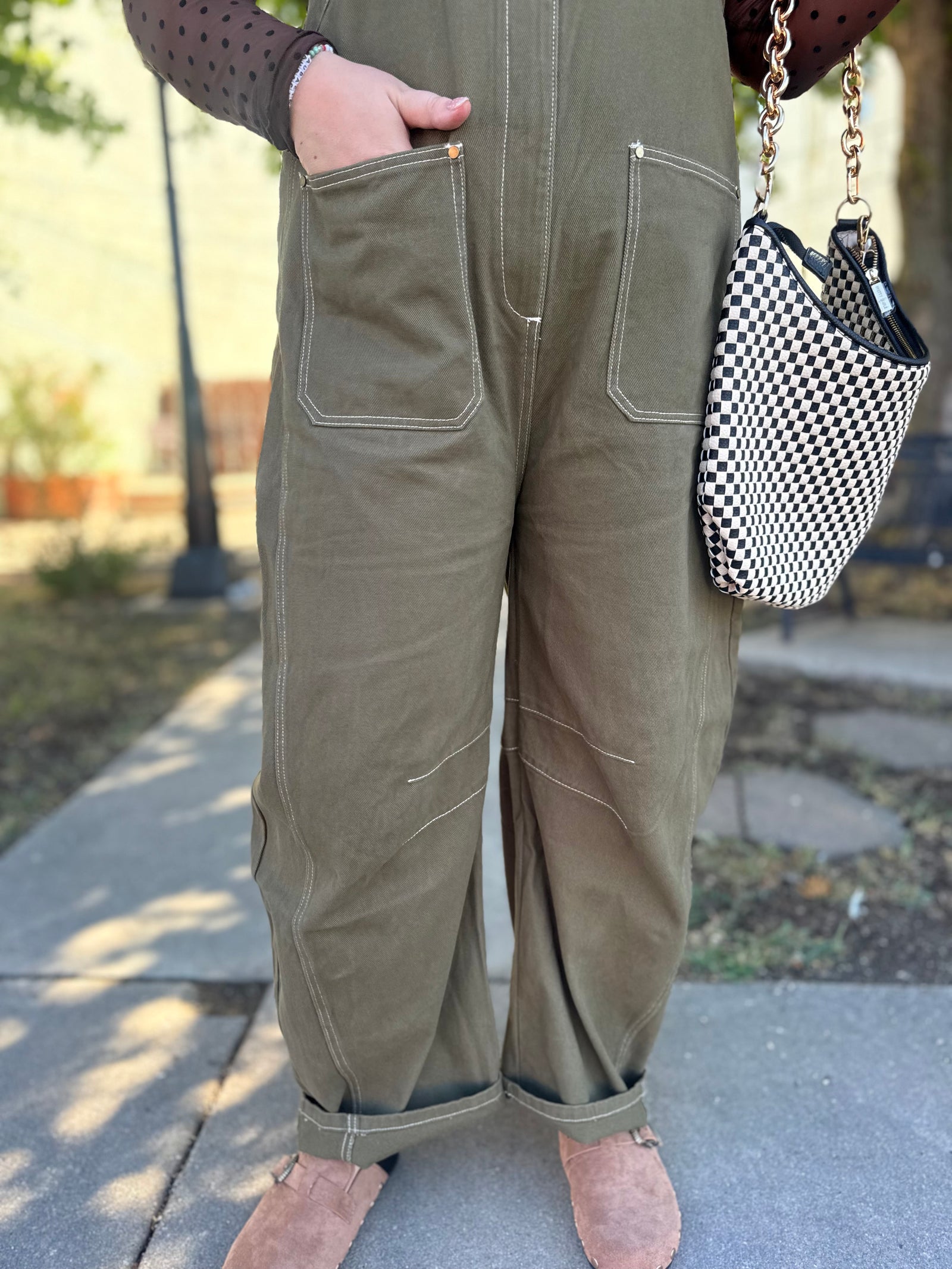 Listicle Olive Western Wide Leg Overalls