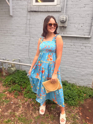 Easel Blue Vibrant Floral Dress w/ Tie Back