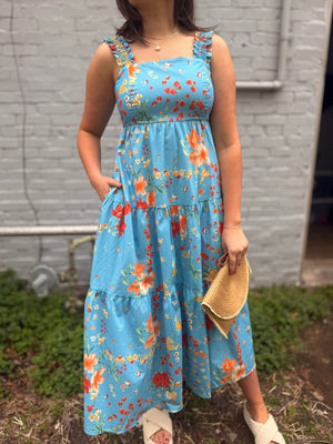 Easel Blue Vibrant Floral Dress w/ Tie Back