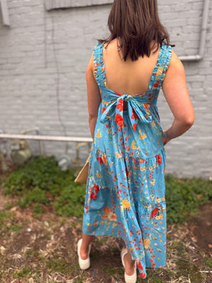 Easel Blue Vibrant Floral Dress w/ Tie Back