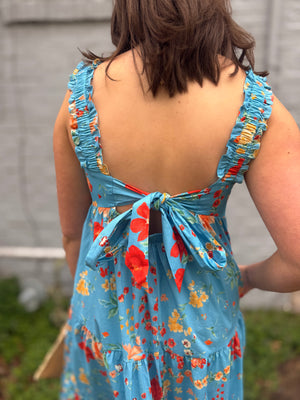 Easel Blue Vibrant Floral Dress w/ Tie Back