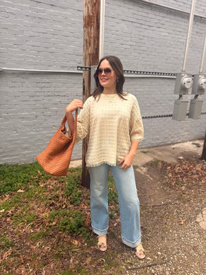 Easel Natural Popcorn Knit Boxy Top w/ Lace Hem