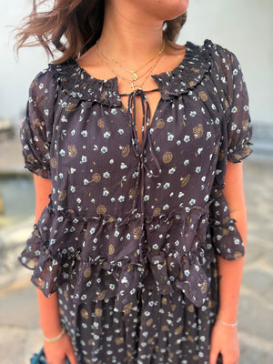 Blu Pepper Navy Floral Front Tie Puff Sleeve Top