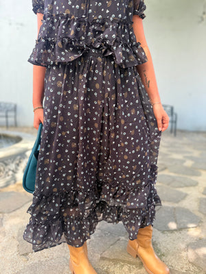 Blu Pepper Navy Floral Ruffled Tiered Hem Midi Skirt
