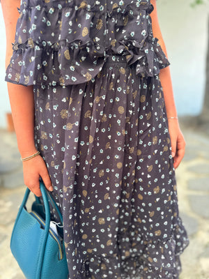 Blu Pepper Navy Floral Ruffled Tiered Hem Midi Skirt