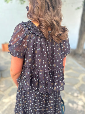 Blu Pepper Navy Floral Front Tie Puff Sleeve Top