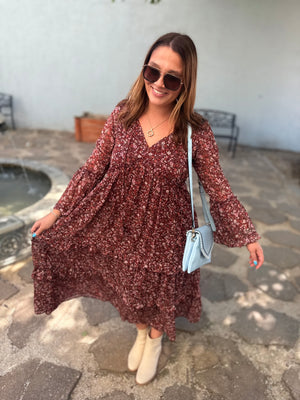 Blu Pepper Burgundy Floral V-Neck Long Sleeve Midi Dress