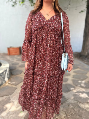 Blu Pepper Burgundy Floral V-Neck Long Sleeve Midi Dress