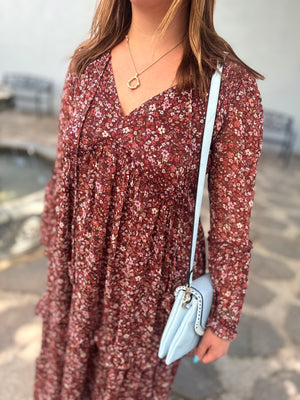 Blu Pepper Burgundy Floral V-Neck Long Sleeve Midi Dress