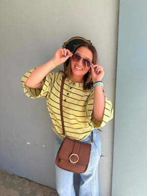 Blu Pepper Lime Stripe Henley Quarter Sleeve Knit Top