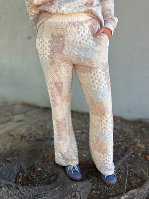 Blu Pepper Taupe + Blue Mix Pattern Quilted Elastic Waist Pants