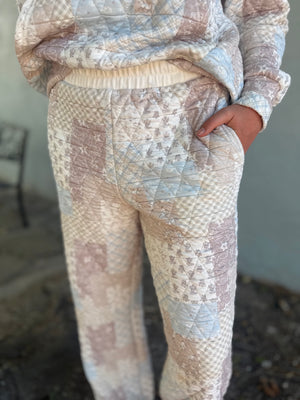 Blu Pepper Taupe + Blue Mix Pattern Quilted Elastic Waist Pants