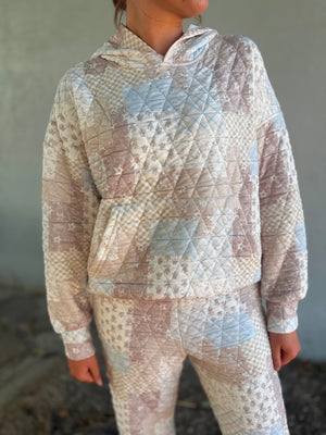 Blu Pepper Taupe + Blue Mix Pattern Quilted Hooded Pullover