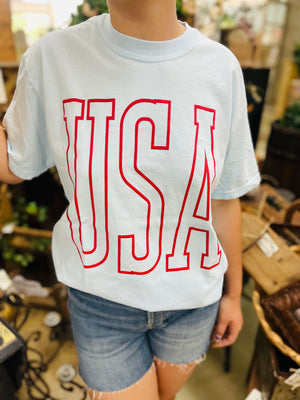 USA Patriotic Tall Outline Puff Tee - Blue
