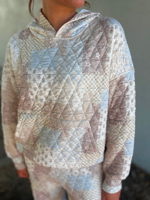 Blu Pepper Taupe + Blue Mix Pattern Quilted Hooded Pullover
