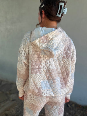 Blu Pepper Taupe + Blue Mix Pattern Quilted Hooded Pullover