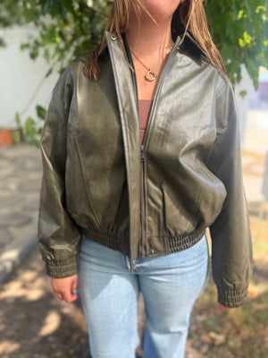 Blu Pepper Olive Faux Leather Zip Bomber Jacket