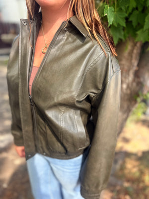 Blu Pepper Olive Faux Leather Zip Bomber Jacket