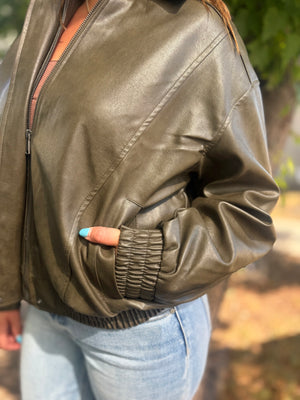 Blu Pepper Olive Faux Leather Zip Bomber Jacket