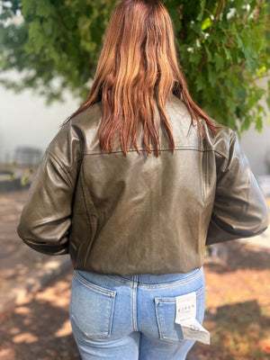 Blu Pepper Olive Faux Leather Zip Bomber Jacket