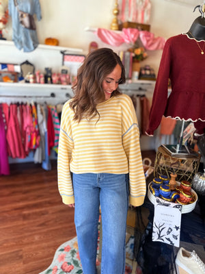 Blu Pepper Yellow Stripe Contrast Stitch Knit Sweater