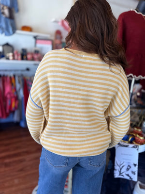 Blu Pepper Yellow Stripe Contrast Stitch Knit Sweater