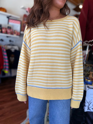 Blu Pepper Yellow Stripe Contrast Stitch Knit Sweater