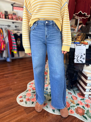Risen Medium Wash Slouchy Wide Leg Jeans w/ Shadow Stripe