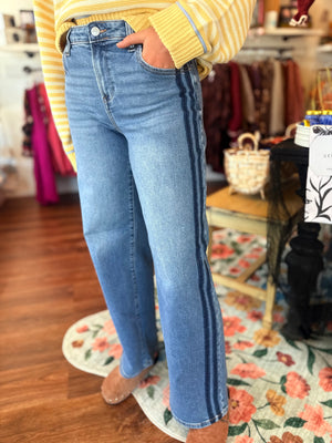 Risen Medium Wash Slouchy Wide Leg Jeans w/ Shadow Stripe