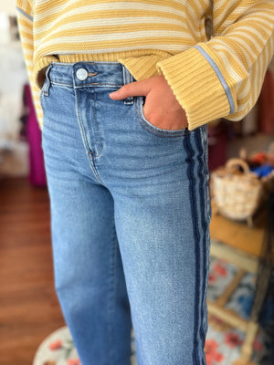 Risen Medium Wash Slouchy Wide Leg Jeans w/ Shadow Stripe