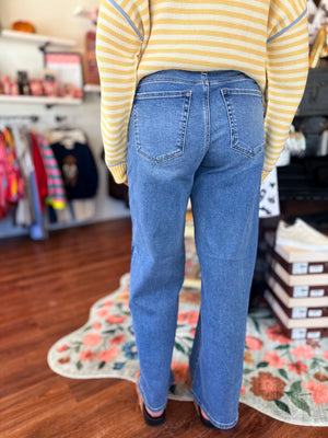 Risen Medium Wash Slouchy Wide Leg Jeans w/ Shadow Stripe