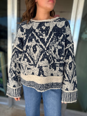 Blu Pepper Navy Geometric Print Raw Edge Knit Sweater