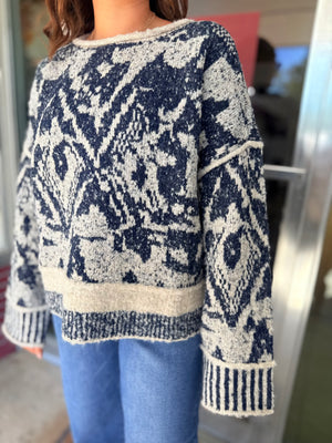 Blu Pepper Navy Geometric Print Raw Edge Knit Sweater