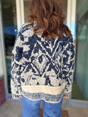 Blu Pepper Navy Geometric Print Raw Edge Knit Sweater