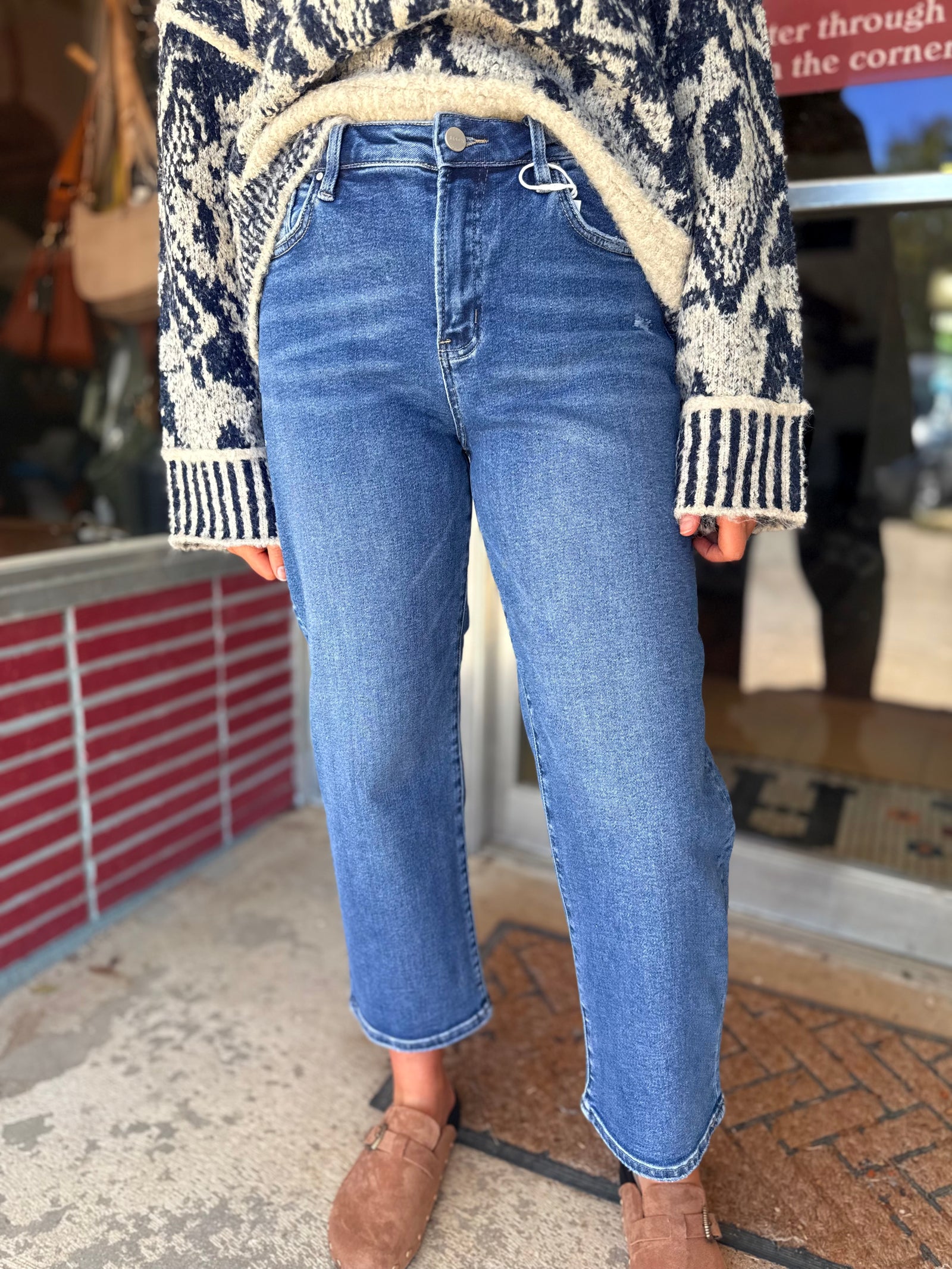 Risen Medium Wash High Rise Crop Barrel Jeans