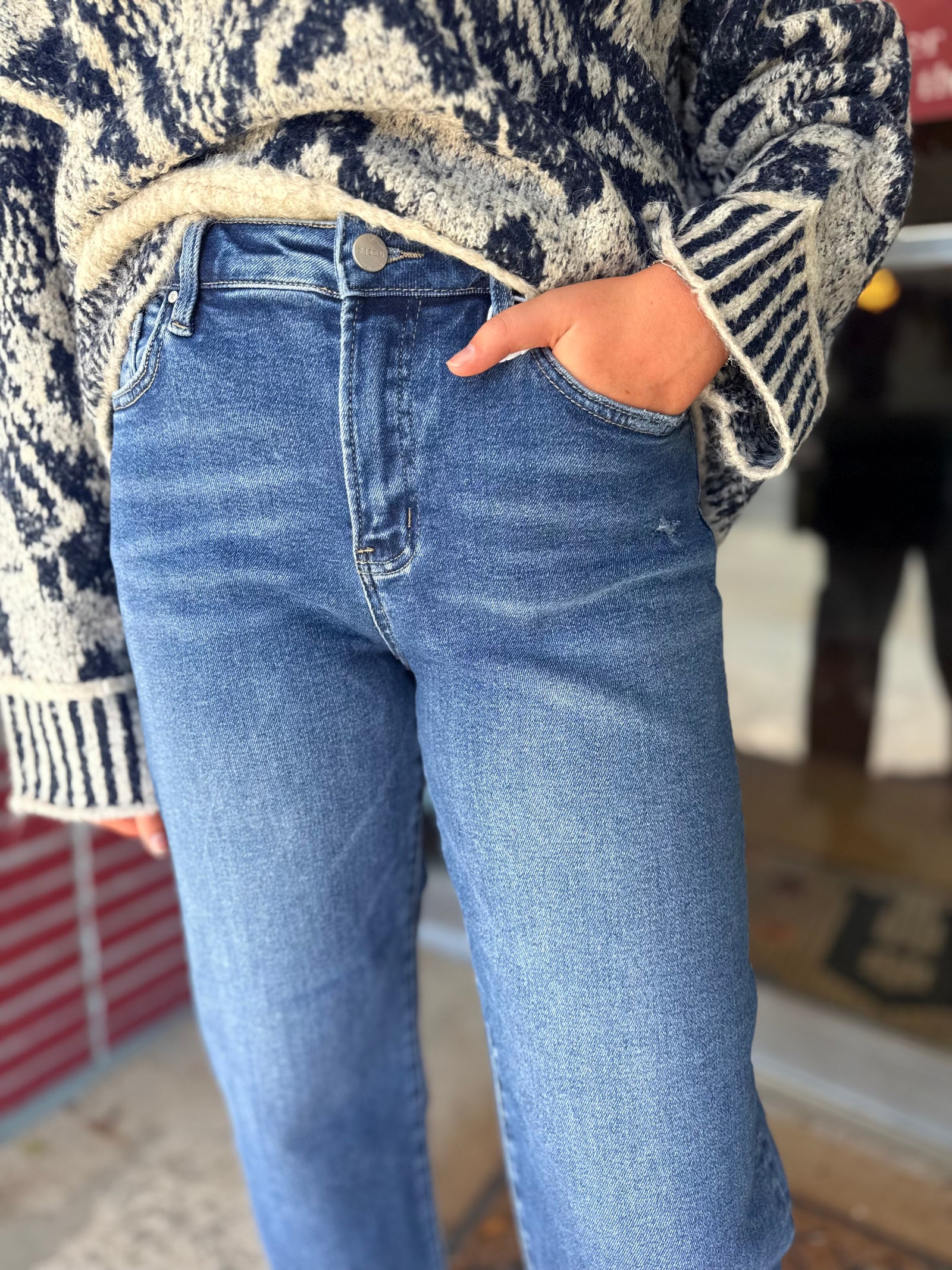 Risen Medium Wash High Rise Crop Barrel Jeans