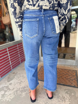 Risen Medium Wash High Rise Crop Barrel Jeans
