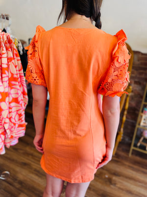 Terry Cloth Mini Dress w/ Floral Cutout Puff Sleeve - Coral