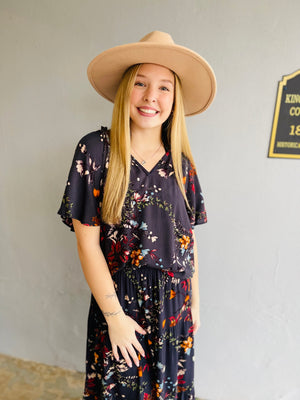 Teal Floral Print Top w/ V-Neck