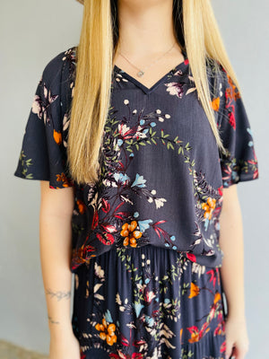 Teal Floral Print Top w/ V-Neck