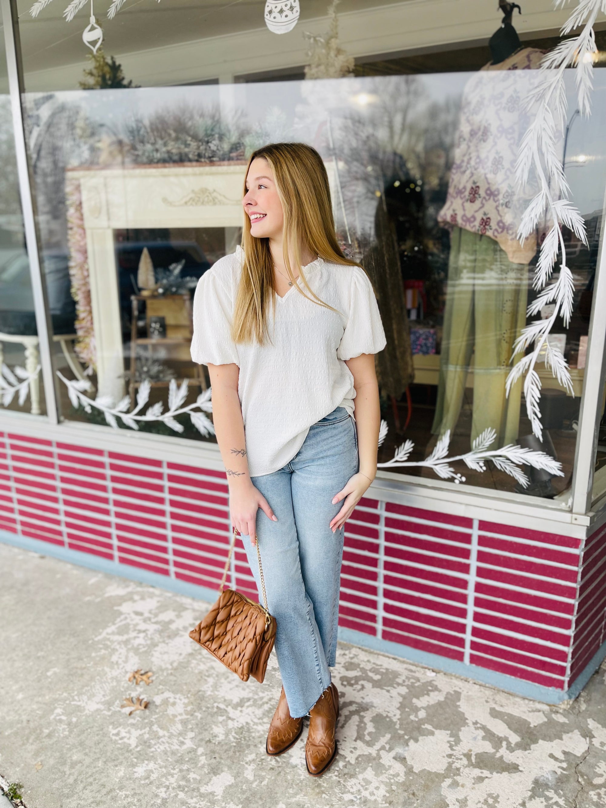 Ivory Textured V-Neck Top w/ Puff Sleeve