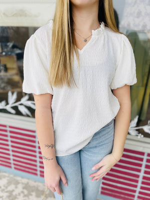 Ivory Textured V-Neck Top w/ Puff Sleeve