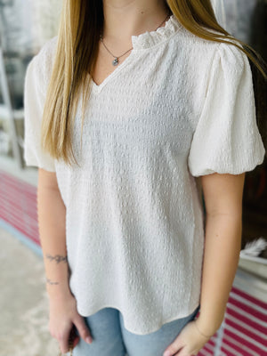 Ivory Textured V-Neck Top w/ Puff Sleeve