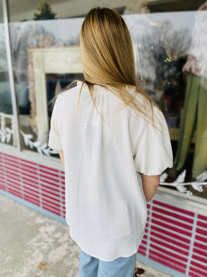 Ivory Textured V-Neck Top w/ Puff Sleeve